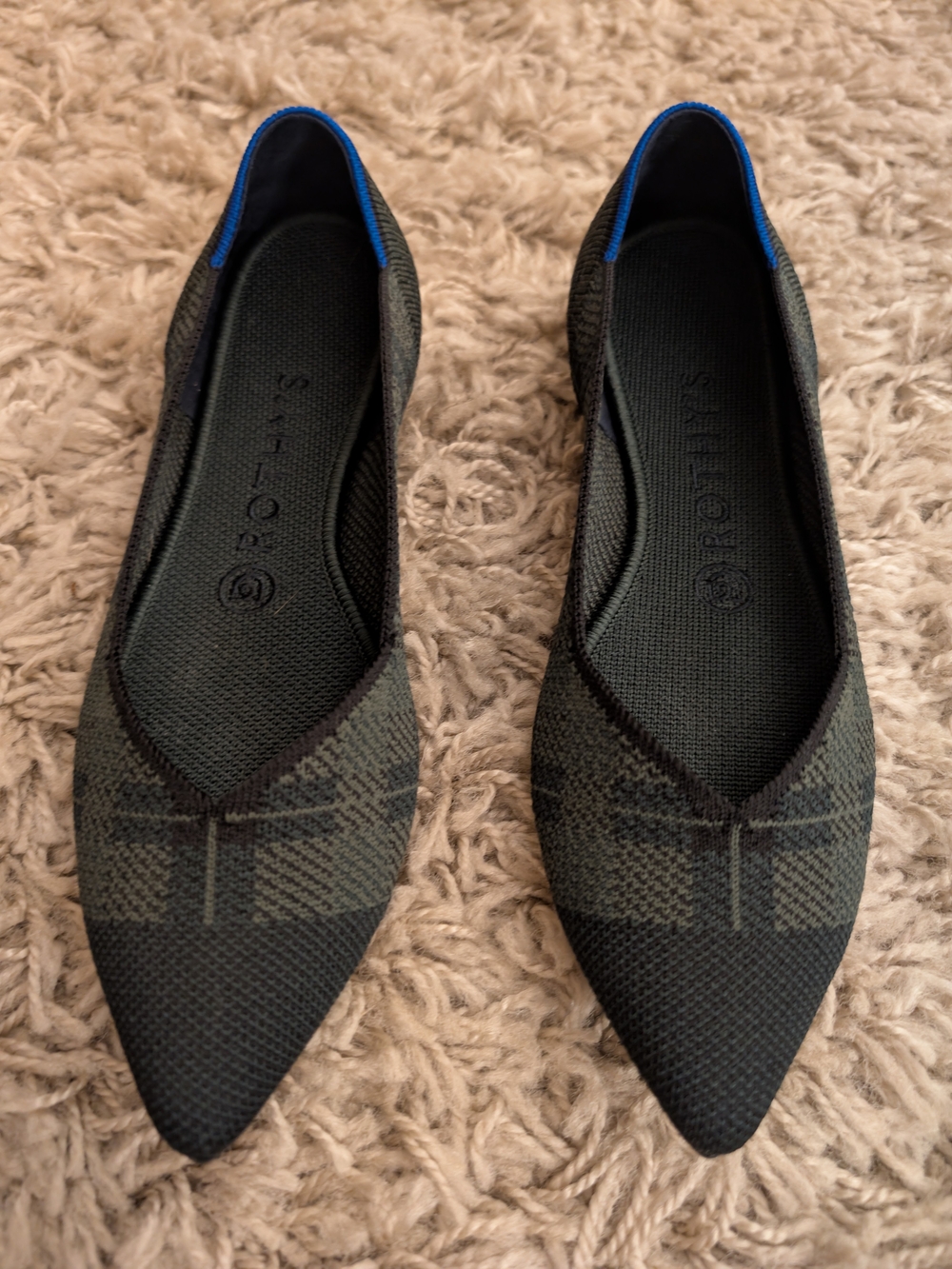 Rothy’s The Point Racer Green Check Flats Size 8